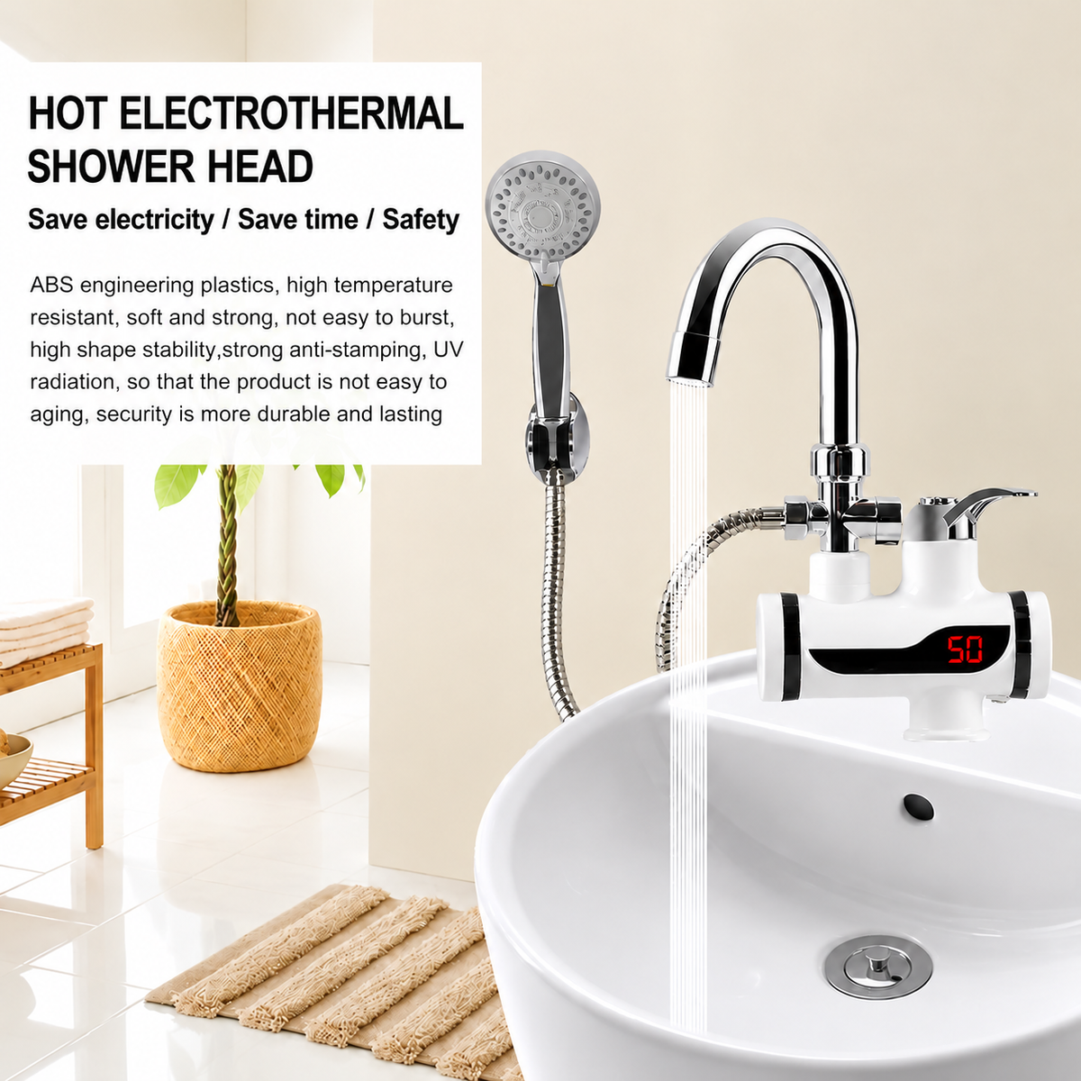 Instant Electric Water Heater Tap with Detachable Shower – Hot Water in Seconds